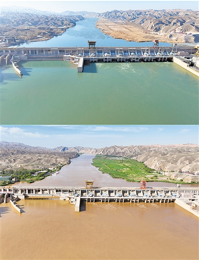     俯瞰青銅峽水庫(kù)，冬春兩季（上圖）黃河水碧綠如洗，夏秋兩季（下圖）滾滾黃河水穿壩而過(guò)。